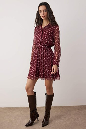 Trendyol Collection Burgundy Polka Dot Belted Short / Mini Woven Dress Twoaw26El00283