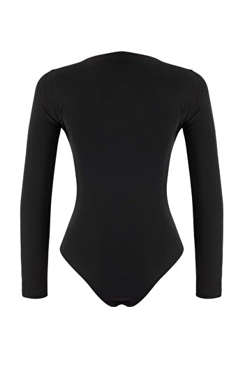 Trendyol Collection Black Accessory Detailed V-Neck Fitted Stretchy Knitted Bodysuit with Snap Buttons at the Bottom Twoaw26Bd00002