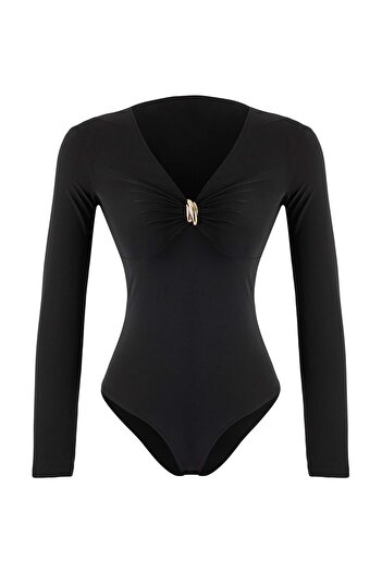 Trendyol Collection Black Accessory Detailed V-Neck Fitted Stretchy Knitted Bodysuit with Snap Buttons at the Bottom Twoaw26Bd00002