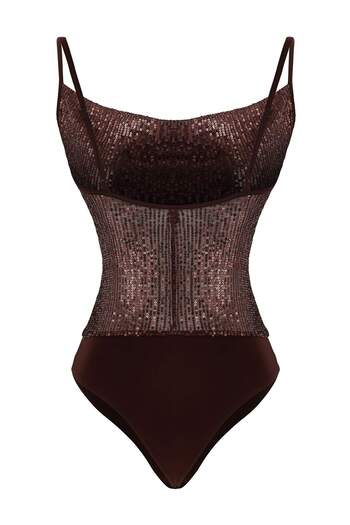 Trendyol Collection Σκούρο καφέ ίσιο γιακά χωρίς μανίκια πλεκτό κορμάκι με παγιέτες TPRAW26BD00030