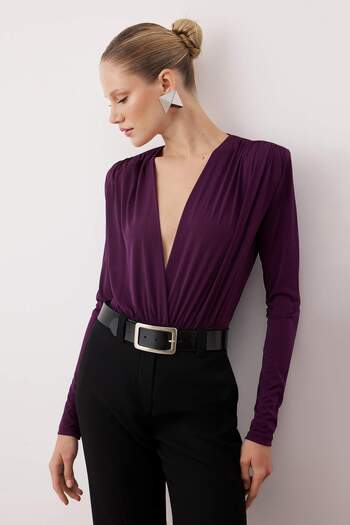 Trendyol Collection Body cu decolteu în V, lung și căptușit, cu închidere cu capse, tricotat Sandy, elegant/noapte TPRAW22BD0161