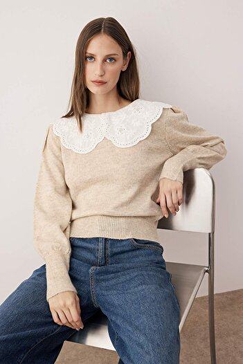 Trendyol Collection Stone Soft Textured Shirt Collar Garnish Knitwear Sweater Twoaw26Kz00051
