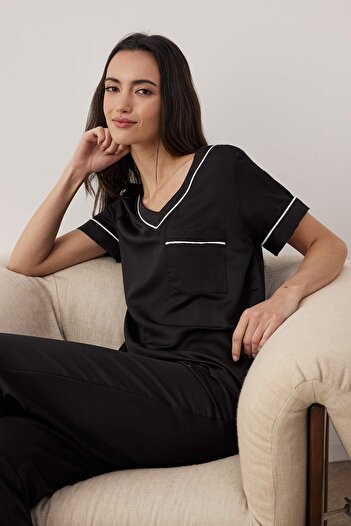 Trendyol Collection Black Plain Piping Satin Woven Pajama Set Thmaw26Pt00031
