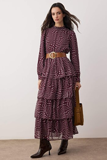 Trendyol Modest Φόρεμα Hijab από υφαντό σιφόν με φλοράλ σχέδιο με μπορντό ζώνη TCTSS25EB00062
