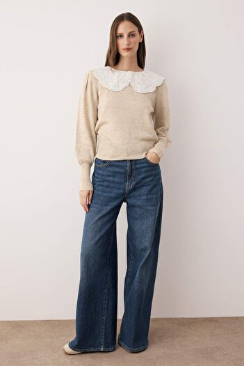 Trendyol Collection Stone Soft Textured Shirt Collar Garnish Knitwear Sweater Twoaw26Kz00051