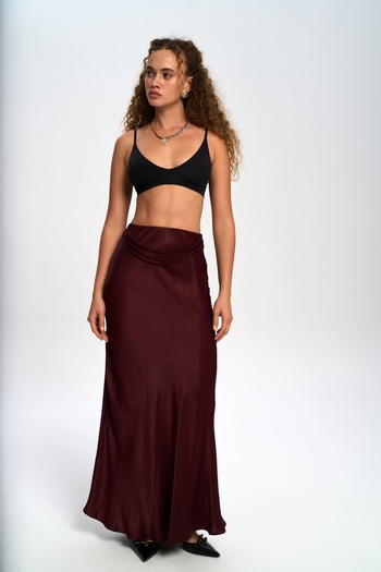 BOHEMAİ Muirnas Suspender Detail Burgundy Long Satin Skirt