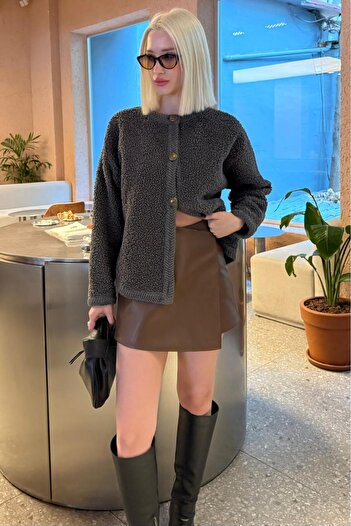 Madmext Brown Leather Mini Shorts Skirt Mg2550