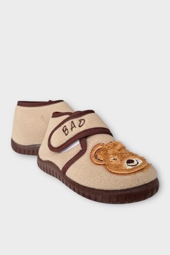 Liger Thematic Velcro Children's Slippers School Nursery Home Shoes Non-Slip Sole Beige - Black
