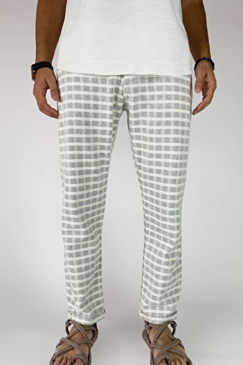 Alışveriş Sokağı Square Patterned 100% Cotton Linen Pants