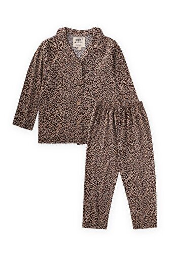 Cigit Flowy Shirt Collar Pajamas Set 8-12 Years Leopard Pattern