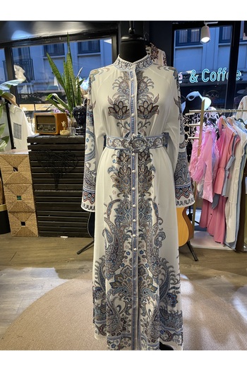 Jennyfer Women's Atlas Fabric Floral Printed Patterned Belted Design Long Dress