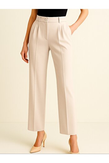 Modamorfo Single Button Front Fold Detailed Pocket Trousers -Beige