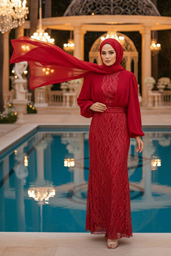 Neva Style Sequin Sequin Embroidered Red Hijab Evening Dress 22213K