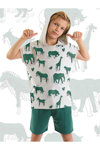 MSHB&G Green Boy's Hooded Summer T-shirt and Shorts Set - Animals