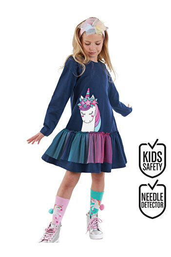 Denokids Tulle Unicorn Girl's Navy Blue Dress