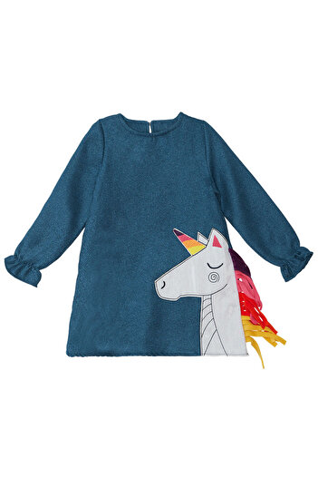 Denokids Renkli Unicorn Kız Çocuk Dokuma Lacivert Kışlık Elbise
