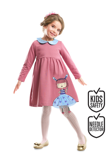 MSHB&G Rabbit Patterned Girl's Dried Rose Collar Long Sleeve Dress