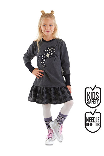 MSHB&G Unicorn Print Starry - Girl's Winter Anthracite Dress, Long Sleeve and Ruffles