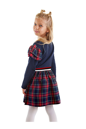 Denokids Marineblaues kariertes Kleid für Mädchen mit geflügelter Katze
