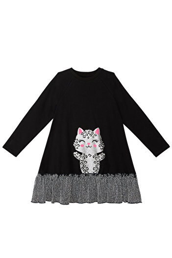 Denokids Gümüş Leopar Kız Çocuk Siyah Fırfırlı Elbise