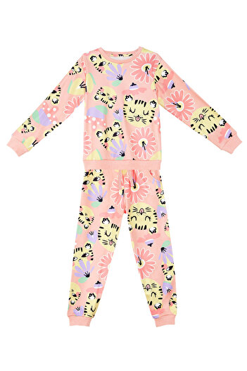 Denokids Çiçekli Kedi Kız Çocuk Eşofman Takım