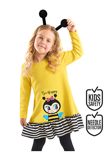 Denokids Bee Yellow Ruffle Long Sleeve Dress for Girls