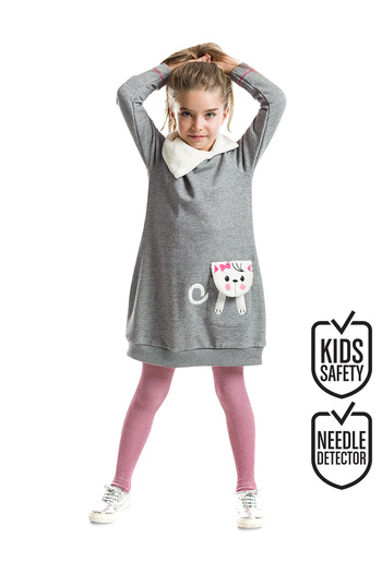 MSHB&G Gray Plush Girl's Winter Dress - Shawl Collar and Cat Pocket