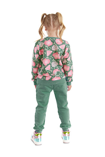 Denokids Girl's Green Winter Tracksuit Set - Pink Floral Pattern