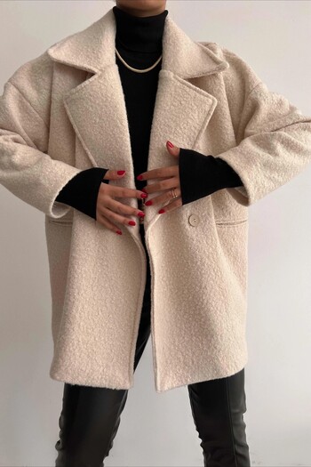 Suziş Μπεζ χρώμα μπουφάν με υφή Oversize Standard Size με επένδυση με διπλό στήθος κοντό παλτό 9243