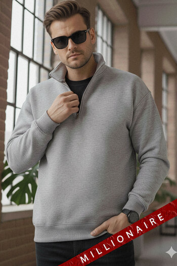 Millionaire Men's Gray Turtleneck 3 Thread Fleece Inside Ribbed Oversize Sweatshirt