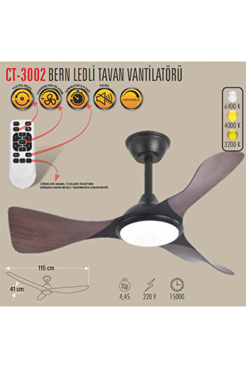 Cata CT-3002 BERN Sessiz Ahşap Kanatlı LED Işıklı Tavan Vantilatörü Kumandalı - 3 Renk Işık - Şık Tasarım