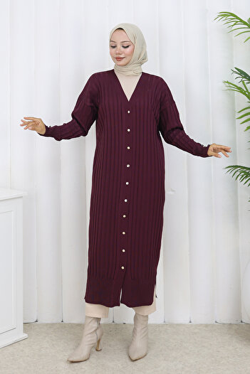 benguen Patterned Long Mercerized Cardigan N3257 Plum
