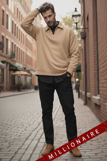 Millionaire Men's Camel Half Zipper Polo Collar 3 Thread Fleece Ribbed Oversize Sweatshirt