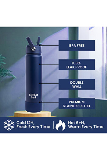 Bamboo Bark 750 ML Insulated Water Bottle with Sipper Lid – Double Wall Vacuum Flask for Hot & Cold