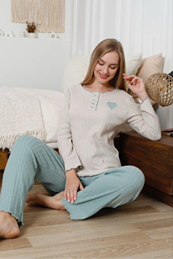 FORVENS Embroidered Cotton Heart Detailed Pajama Set