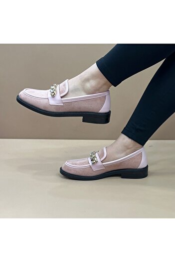 Craftique Pink Suede Stylish Stone Detailed Women's Office School Daily Use Quality Moccasin Loafer Shoes