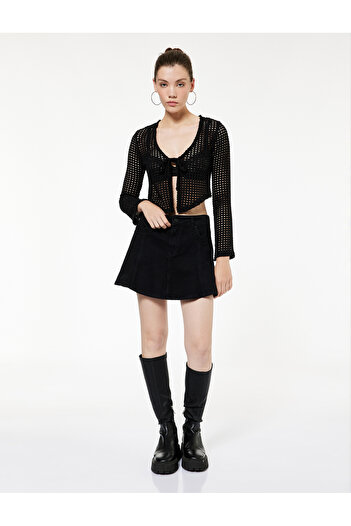 Koton V-Neck Long Sleeve Front Tie Openwork Cardigan