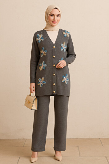 semela Flowered Knitwear Set (Antrasit)