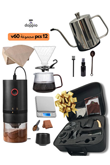 DOPPİO DOPPIO 12 Pcs V60 Pour Over Electric Coffee Maker with Electric Grinder Dripper Set