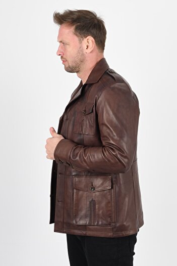 ALİN Harrison Men's Wax Brown Safari Leather Jacket - Genuine Leather