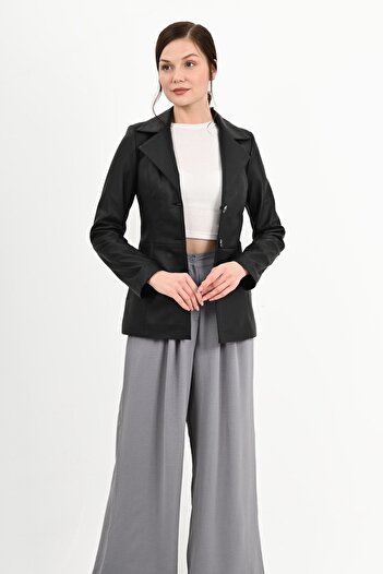 ALİN Brienne Women's Black Blazer Genuine Leather Jacket Size Measurements Visual