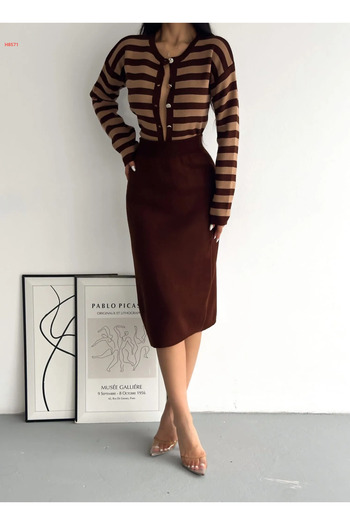merysare Colorful Women's Knitwear Set - Striped Jacket, Blouse and Skirt