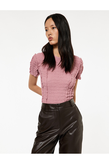 Koton Slim Fit Short Sleeve Crew Neck Textured Ruffle T-Shirt