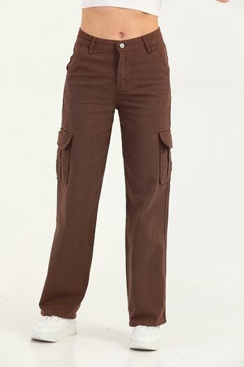 Lixera Extra High Waist Lycra Brown Jean Παντελόνι - Cargo Pocket και Loose Leg