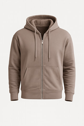 Valiberta Plush Inside Three Yarn Fabric Oversized Zippered Hooded Sweatshirt - Beige