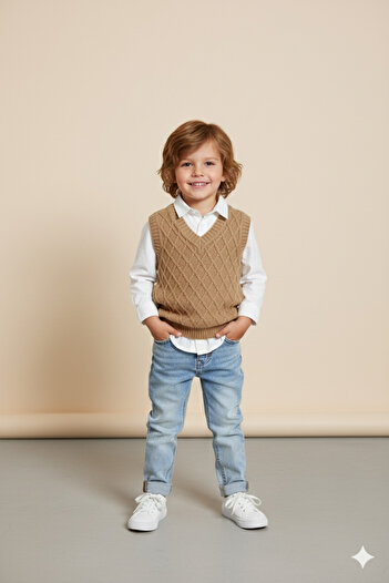 Nimini Kids Preschool Nursery Kindergarten V-Neck Diamond Pattern Knitwear Baby Boy Children's Sweater (0-5 Years Old)