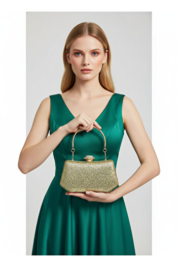 Biçanta Gold Gold Color Stone Pearl Detailed Handle Women's Evening Dress Bag Wedding Engagement Graduation