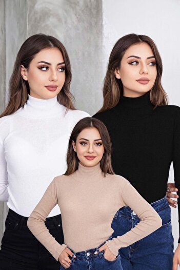 bykombincim Unisex 3 Pack Black White Beige Cotton Turtleneck Twill Ribbed Slimfit High Neck Sweater