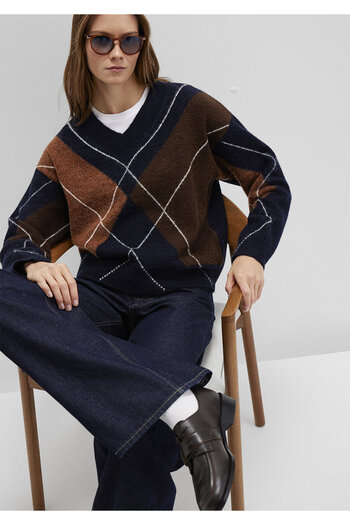 Mavi Wool Blend Diamond Pattern Navy Blue Sweater Loose Fit / Relaxed Fit 1710826-84371