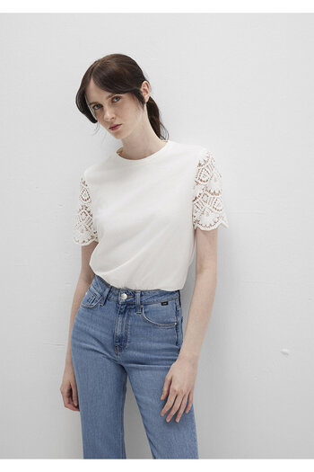 Mavi Lace Detailed Ecru T-Shirt Regular Fit / Regular Cut 1613515-70057
